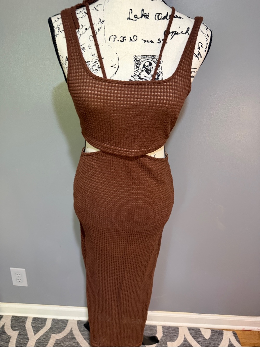 SHEIN SXY BROWN WAFFLE KNIT CROP TOP/SKIRT SET SZ S